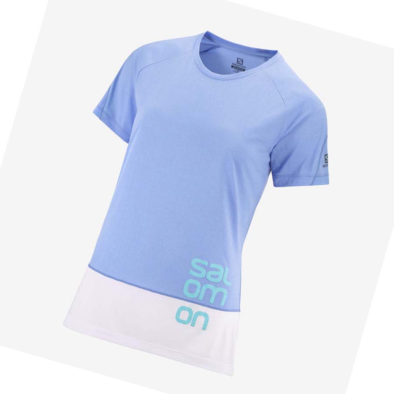 T Shirts Salomon CROSS RUN GRAPHIC Femme Blanche Bleu | DCQSOIU-46