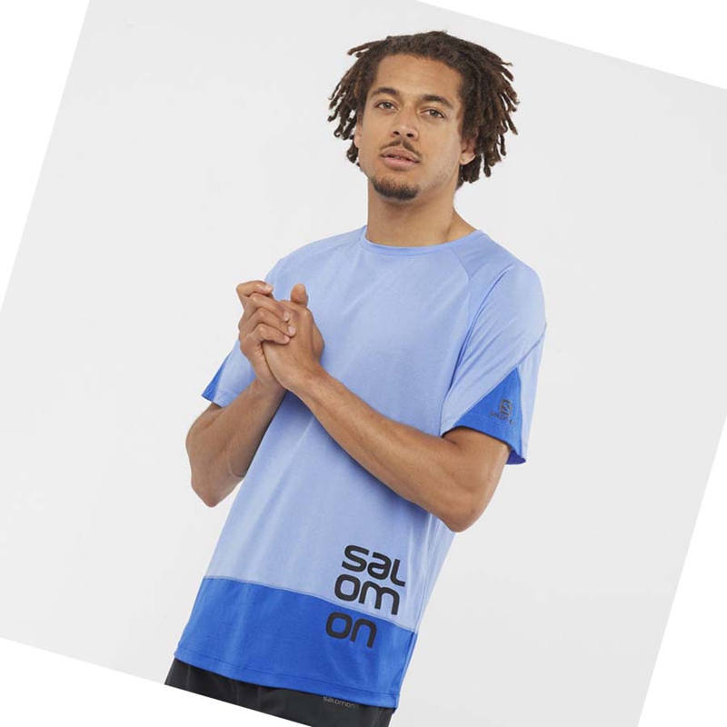 T Shirts Salomon CROSS RUN GRAPHIC Homme Bleu | XJUTVIF-63